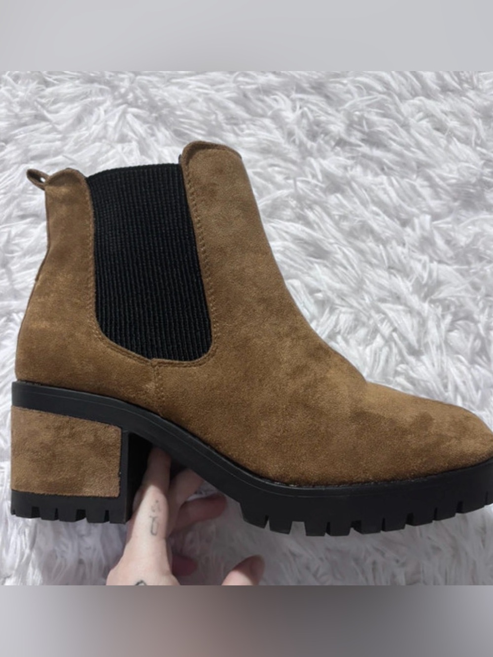 Seven7 Tan Suede Chelsea Lug Heel Ankle Boots
